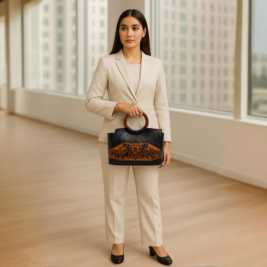 Vintage Leather Carved Floral Handle Bag with Round Resin Handle