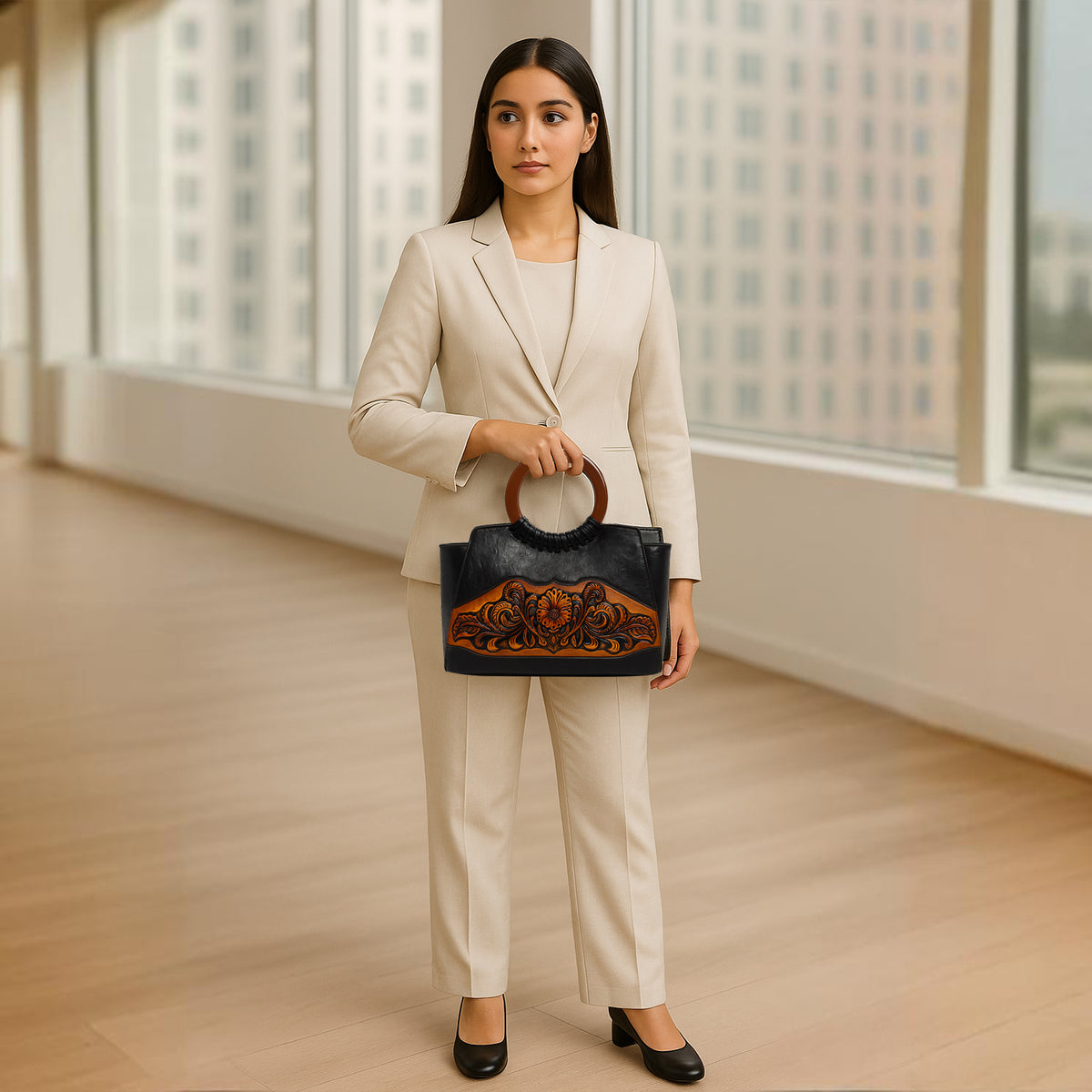 Vintage Leather Carved Floral Handle Bag with Round Resin Handle