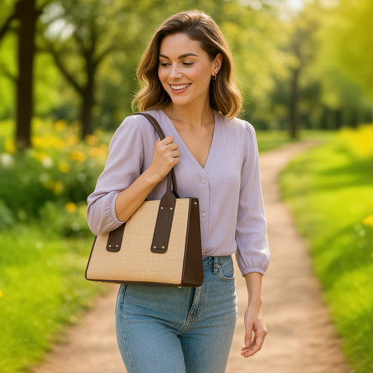 Crocodile Embossed Beige Handbag with Brown Handles