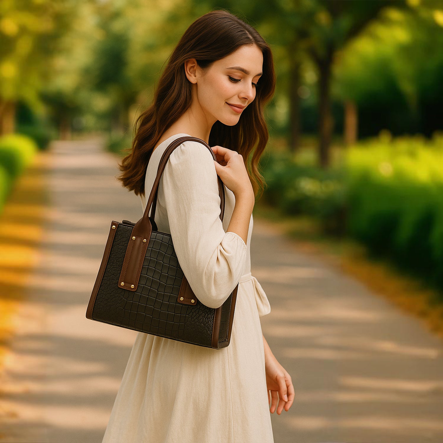Crocodile Embossed Beige Handbag with Brown Handles - Black