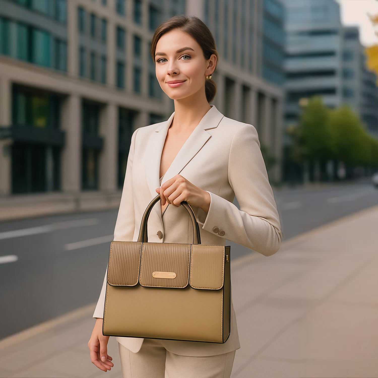 Elegant Striped Flap Top Handle Handbag - Beige