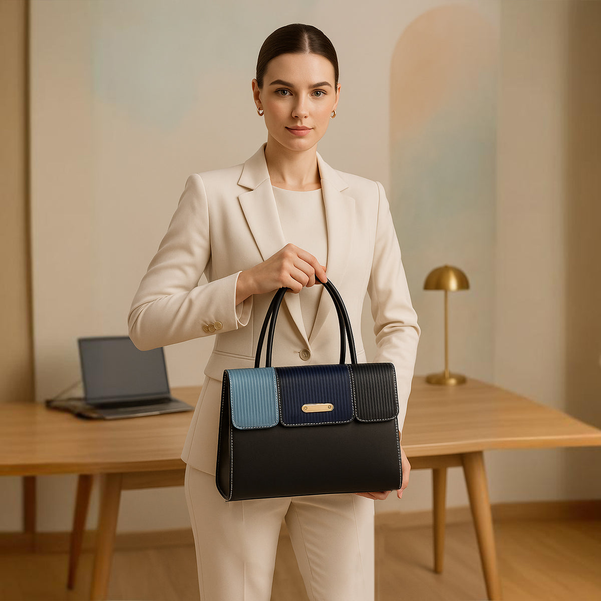 Elegant Striped Flap Top Handle Handbag