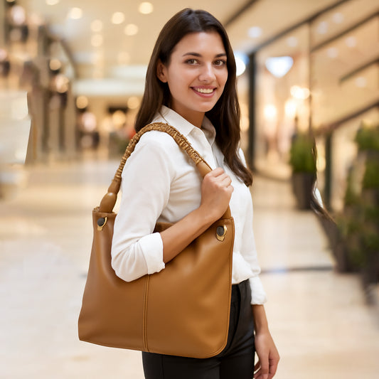Tan Braided Handle Slouch Tote with Charm Pouch