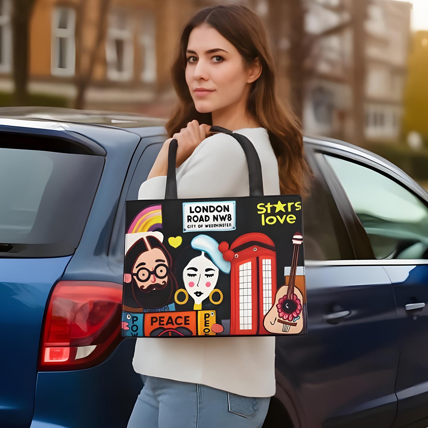 London Pop-Art Canvas Tote Bag - Black