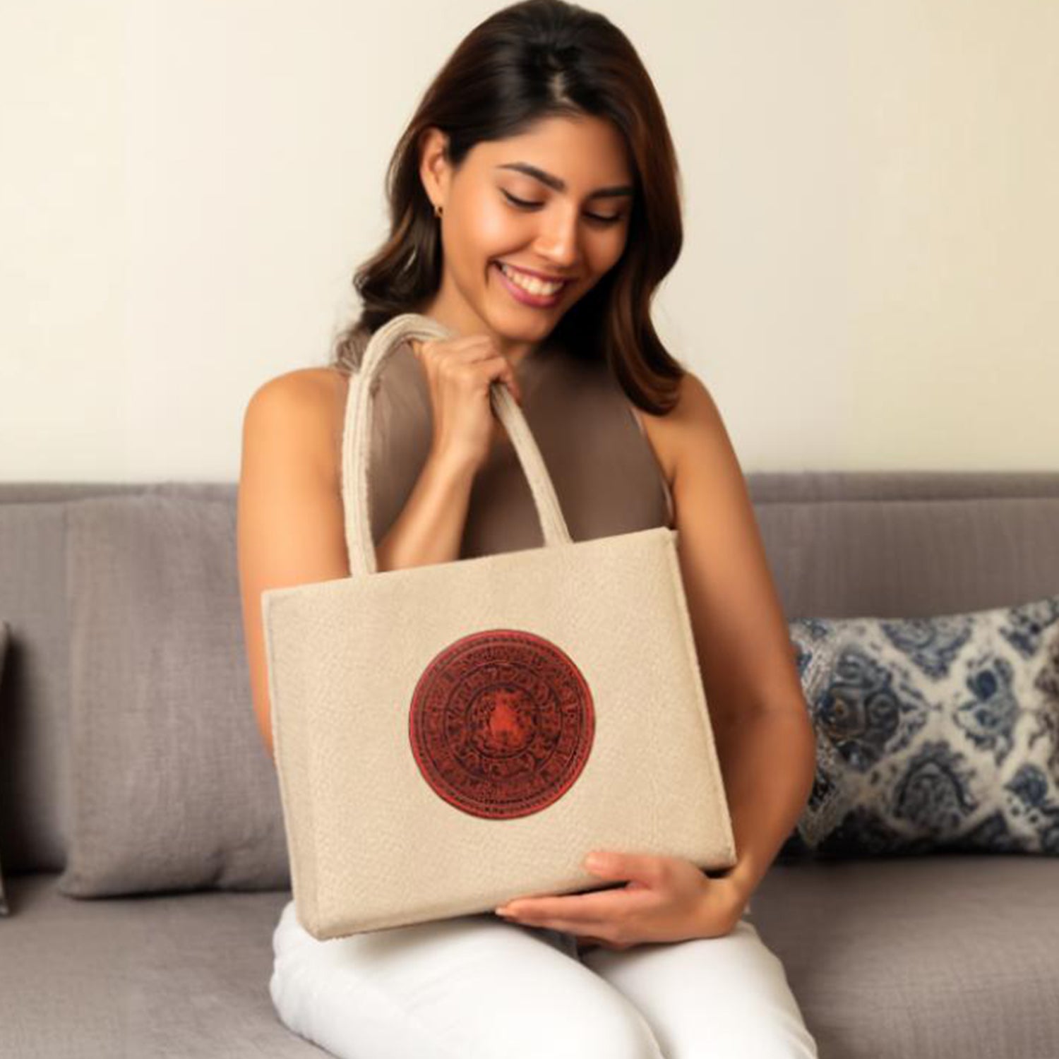 Tan Woven Textured Tote Bag - Cream
