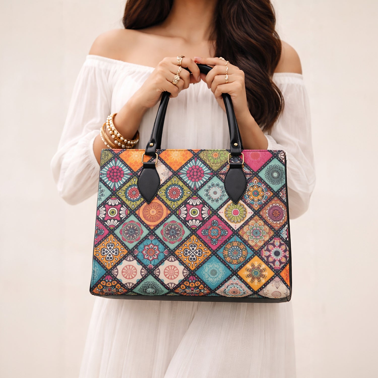 Floral Printed Structured Tote Bag with Black Handles - Multicolor