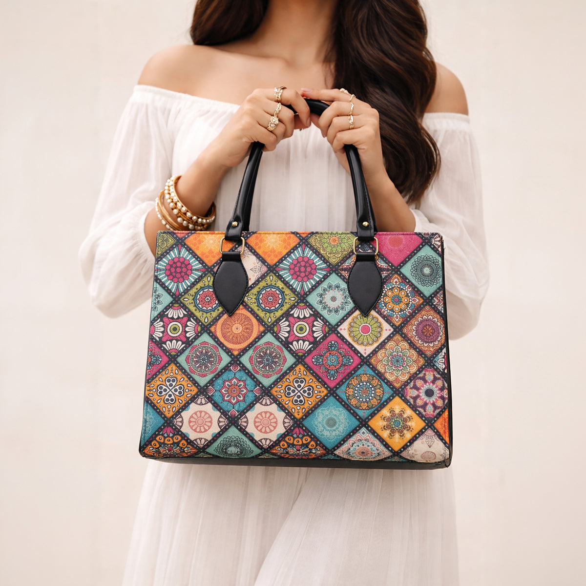 Floral Printed Structured Tote Bag with Black Handles