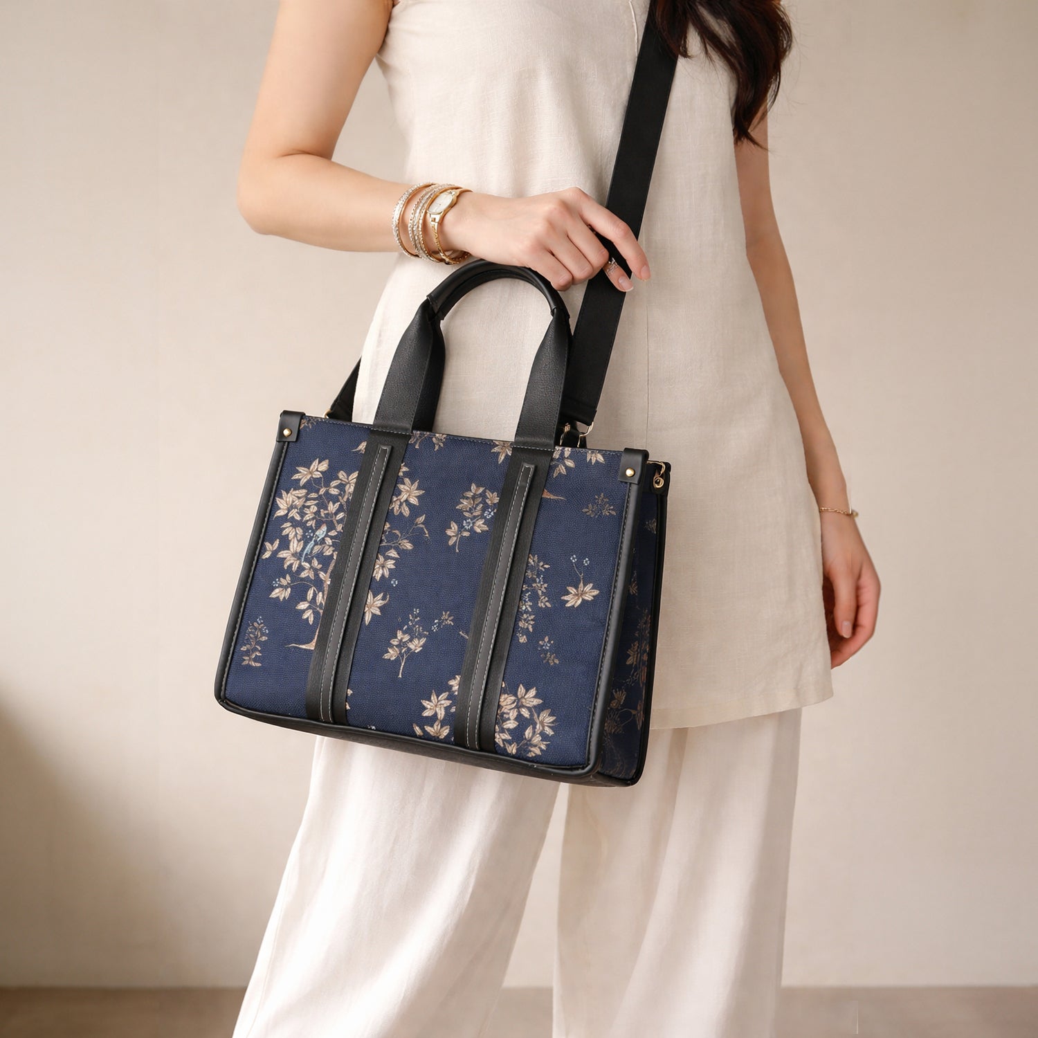 Structured  HandBag with Detachable Sling Strap - Dark Blue