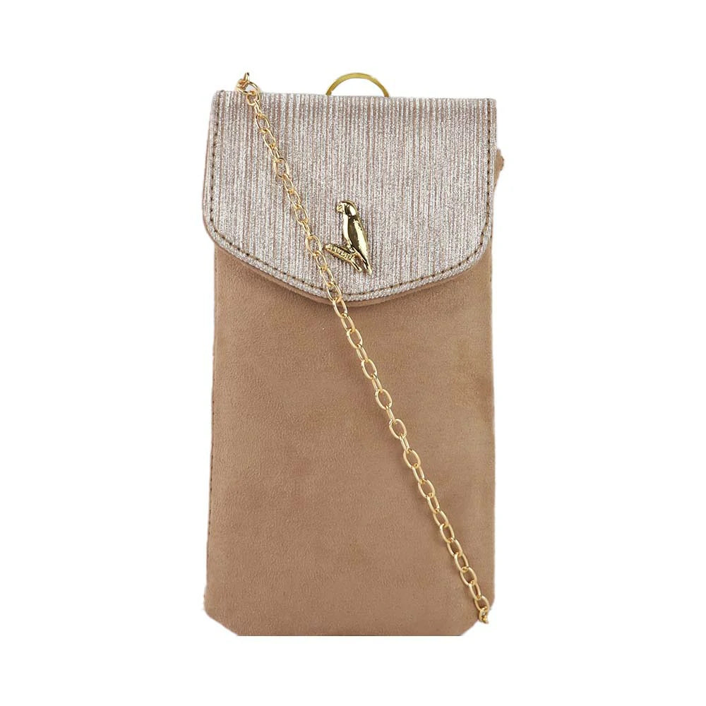 Mobile Sling Bag with Flap Closure & Gold Chain Strap - beige