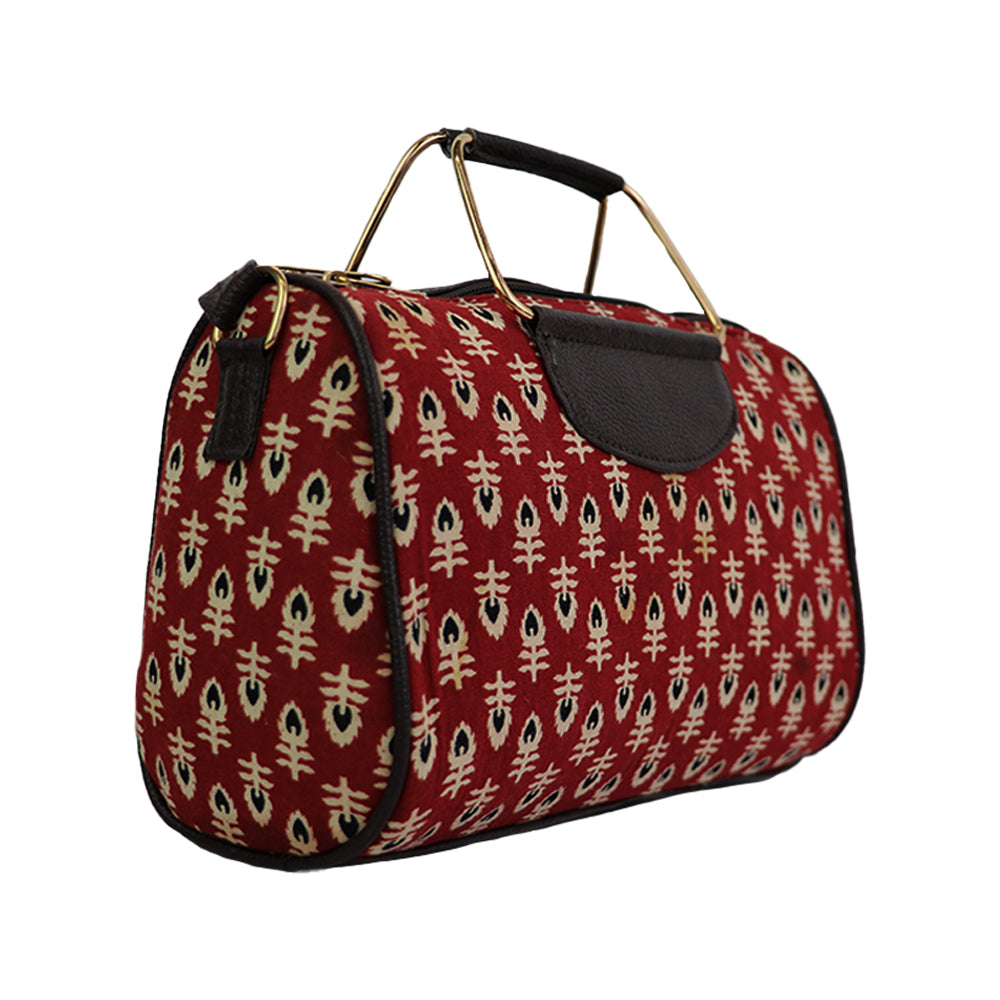Women Red Printed Duffle Handbag with Sling Strap & Metal Handle – Travel & Everyday Stylish Bag