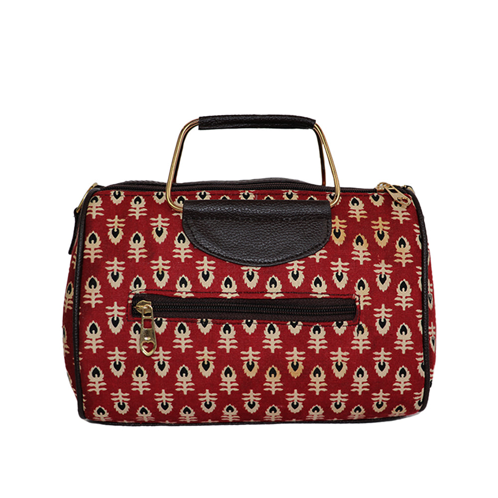 Women Red Printed Duffle Handbag with Sling Strap & Metal Handle – Travel & Everyday Stylish Bag