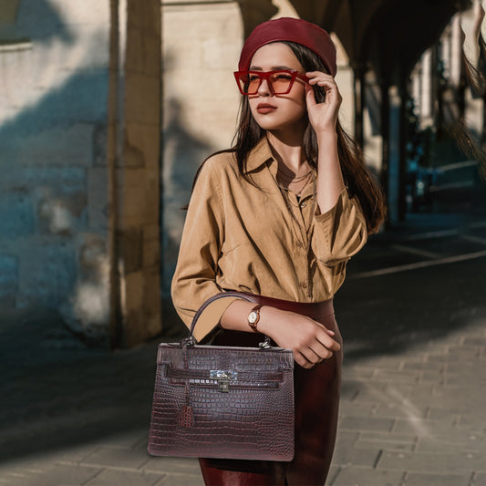 Croc Embossed Handbag with Silver Lock