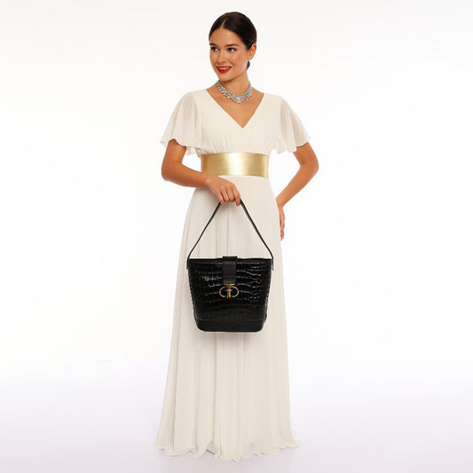 Black Croc Textured Handbag & Wallet Set for Women