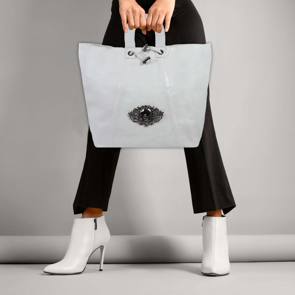 Textured Tote Bag with Gothic Cross Embellishment