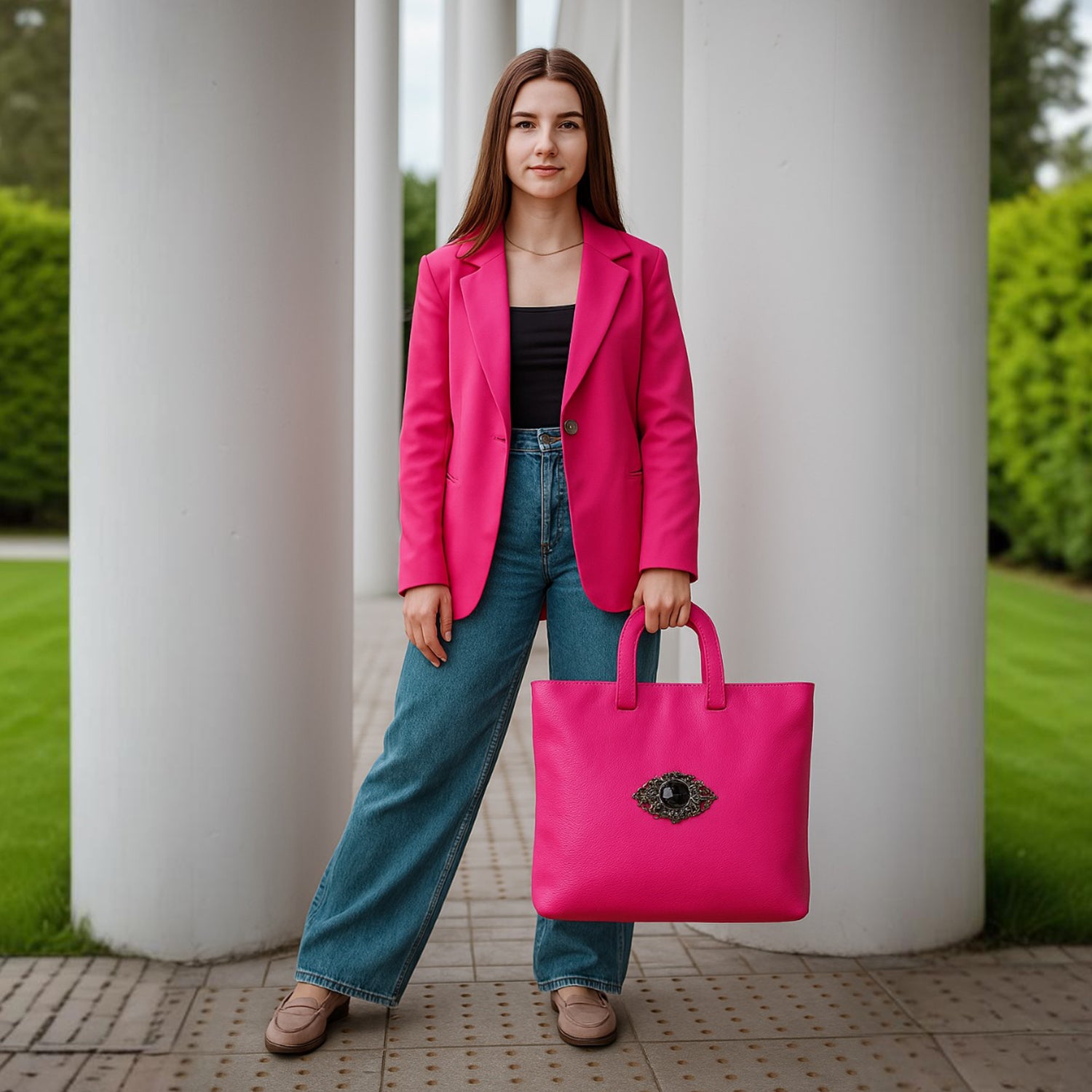 Textured Tote Bag with Gothic Cross Embellishment - Pink