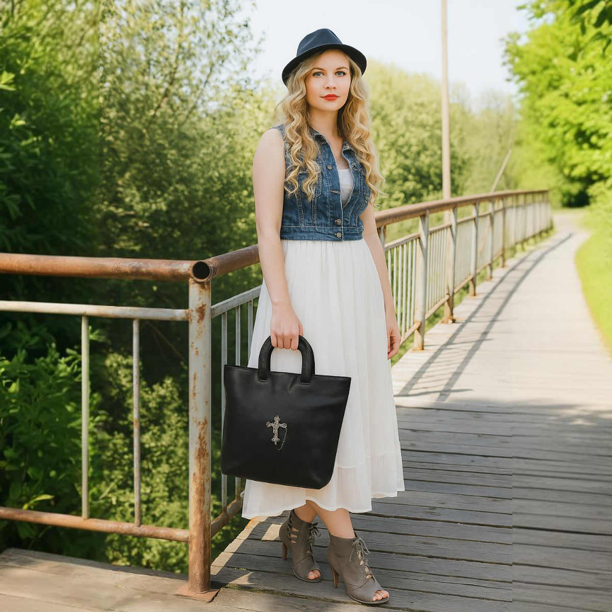 Textured Tote Bag with Gothic Cross Embellishment
