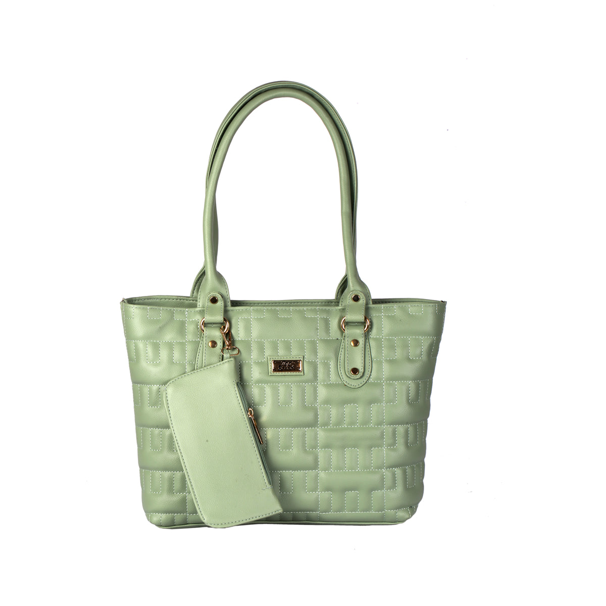 Elegant Mint Green Quilted Tote Bag with Mini Pouch