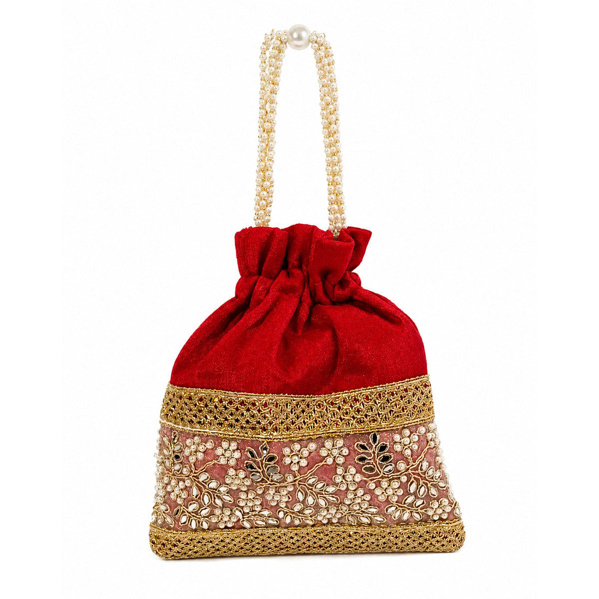 Embroidered Potli Bag with Pearl Beaded Handle & Mirror Work Bag