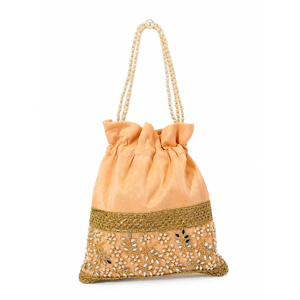 Embroidered Potli Bag with Pearl Beaded Handle & Mirror Work Bag