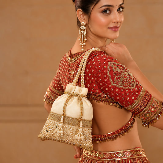 Embroidered Potli Bag with Pearl Beaded Handle & Mirror Work Bag