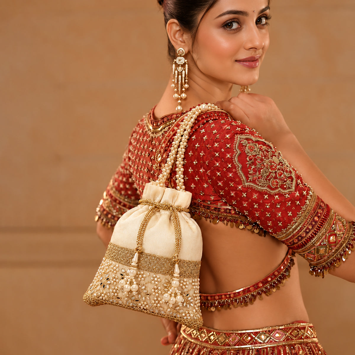 Embroidered Potli Bag with Pearl Beaded Handle & Mirror Work Bag