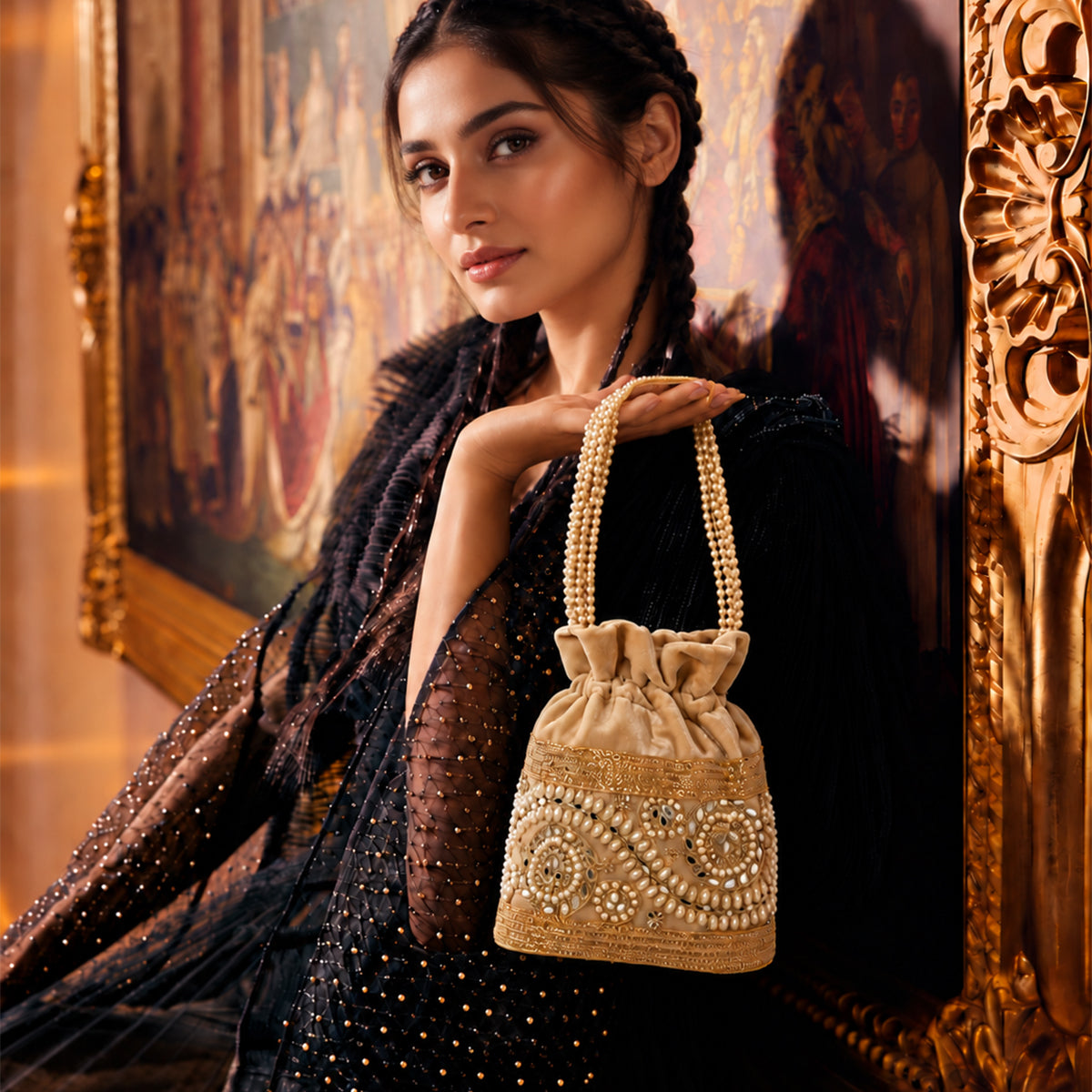 Embroidered Potli Bag with Pearl Beaded Handle & Mirror Work Bag - Golden Beige