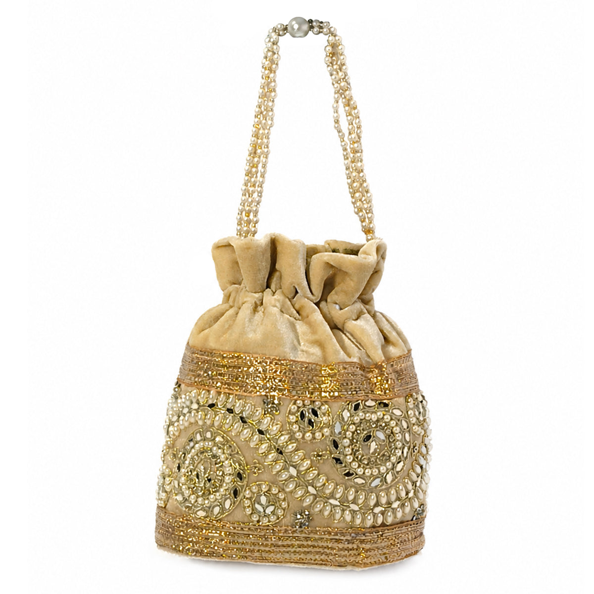 Embroidered Potli Bag with Pearl Beaded Handle & Mirror Work Bag