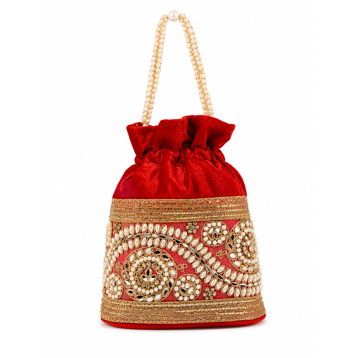 Embroidered Potli Bag with Pearl Beaded Handle & Mirror Work Bag