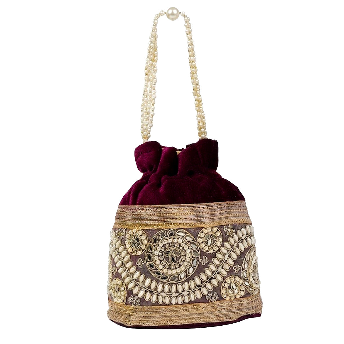 Embroidered Potli Bag with Pearl Beaded Handle & Mirror Work Bag