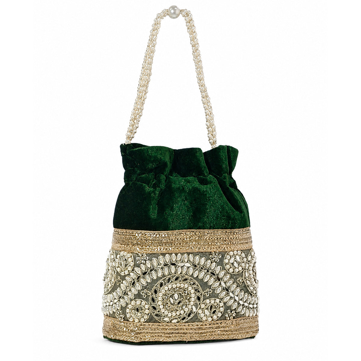 Embroidered Potli Bag with Pearl Beaded Handle & Mirror Work Bag
