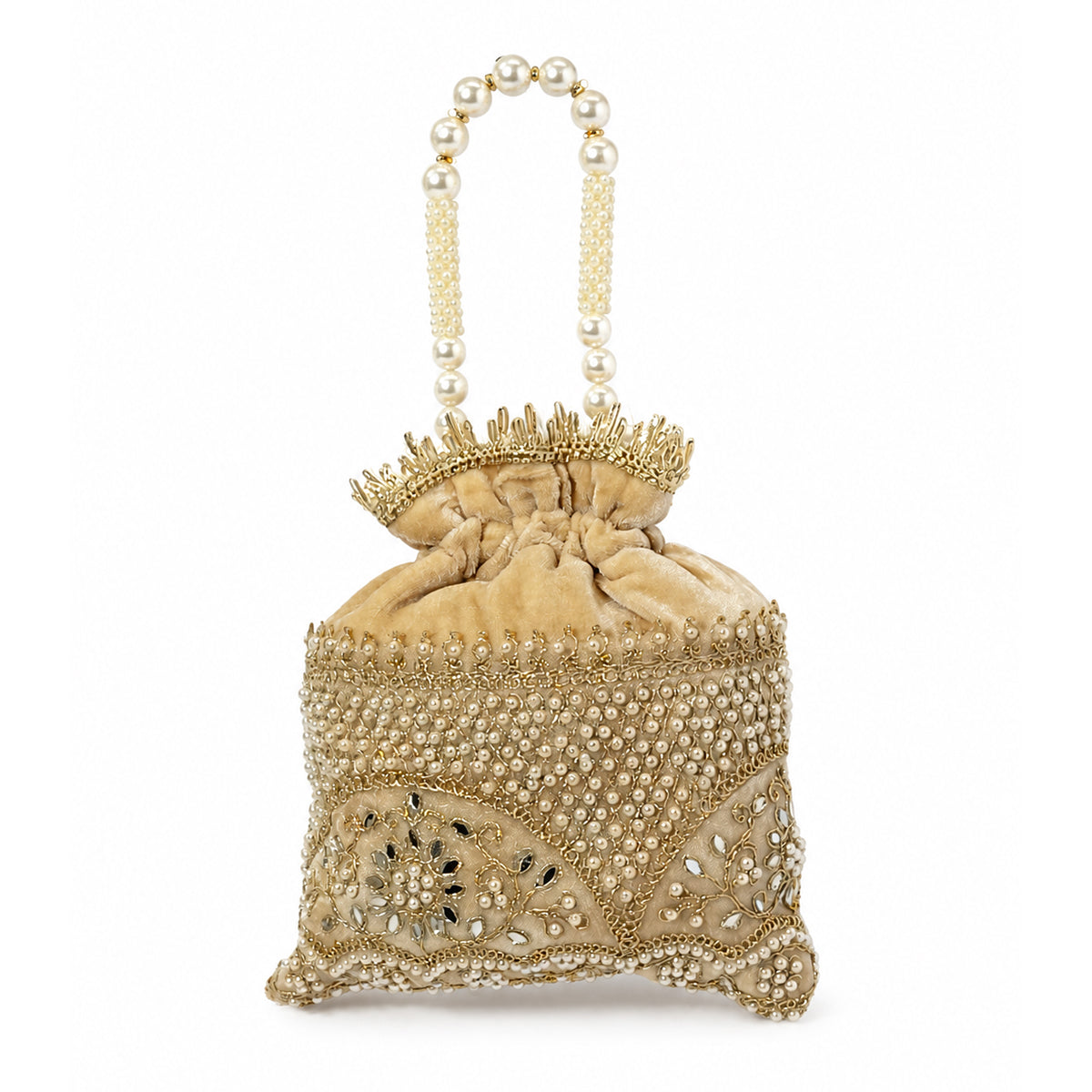 Embroidered Potli Bag with Pearl Beaded Handle & Mirror Work Bag