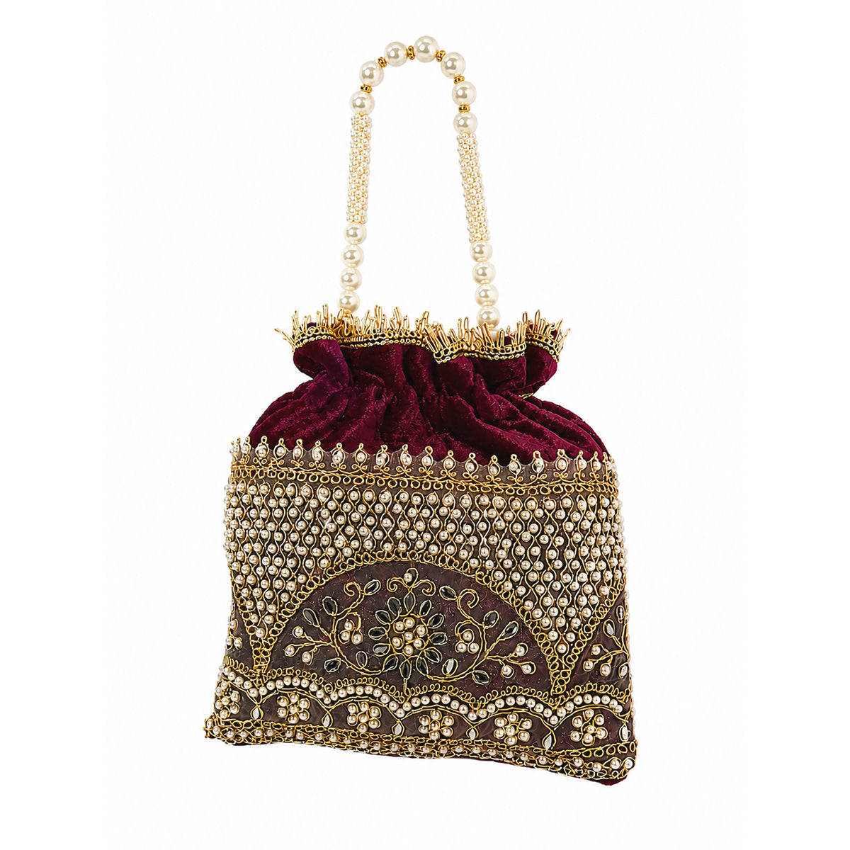 Embroidered Potli Bag with Pearl Beaded Handle & Mirror Work Bag