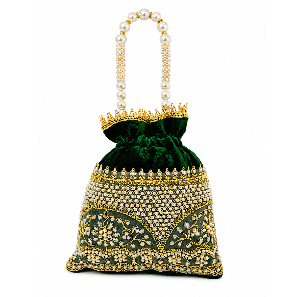 Embroidered Potli Bag with Pearl Beaded Handle & Mirror Work Bag