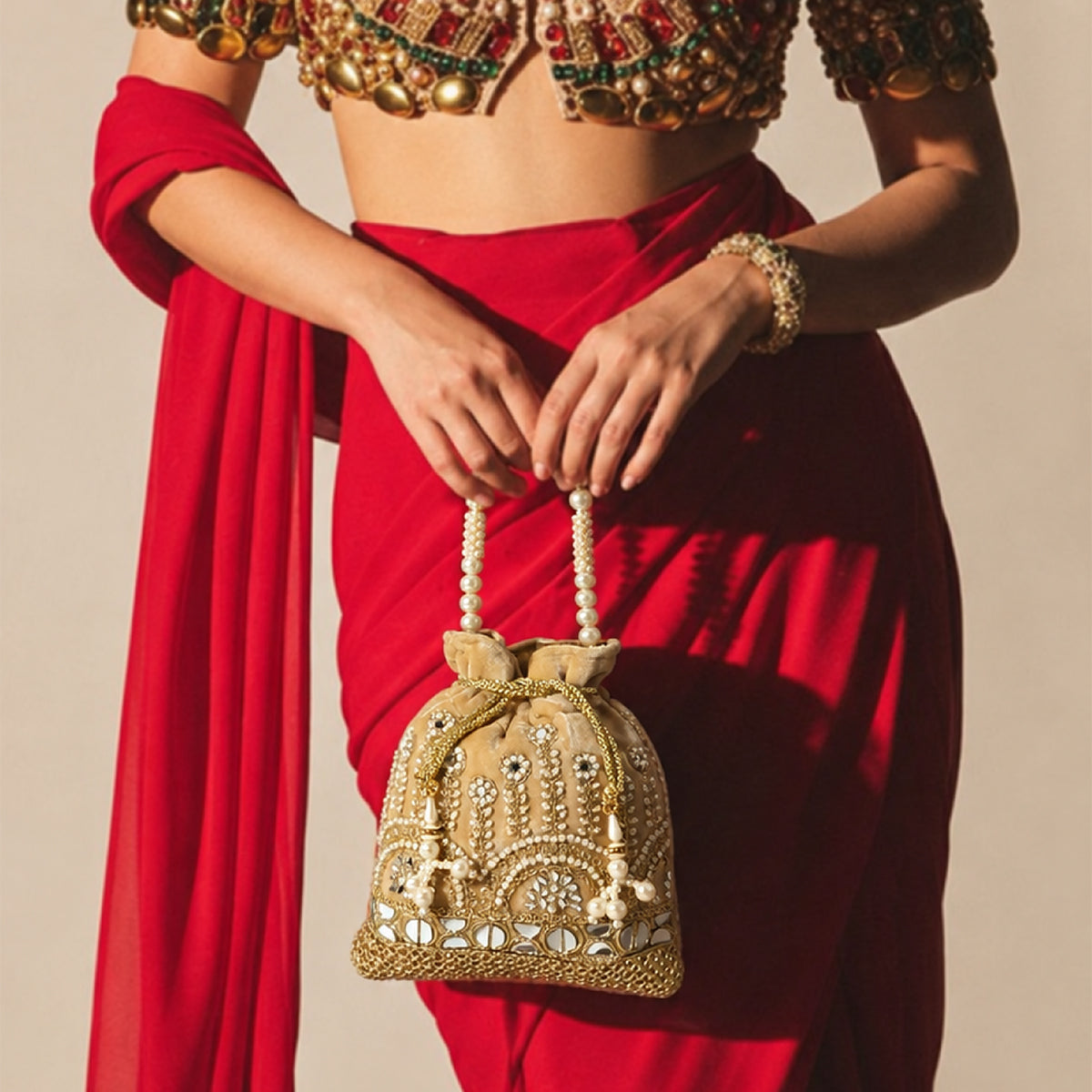 Embroidered Potli Bag with Pearl Beaded Handle & Mirror Work Bag - Golden Beige