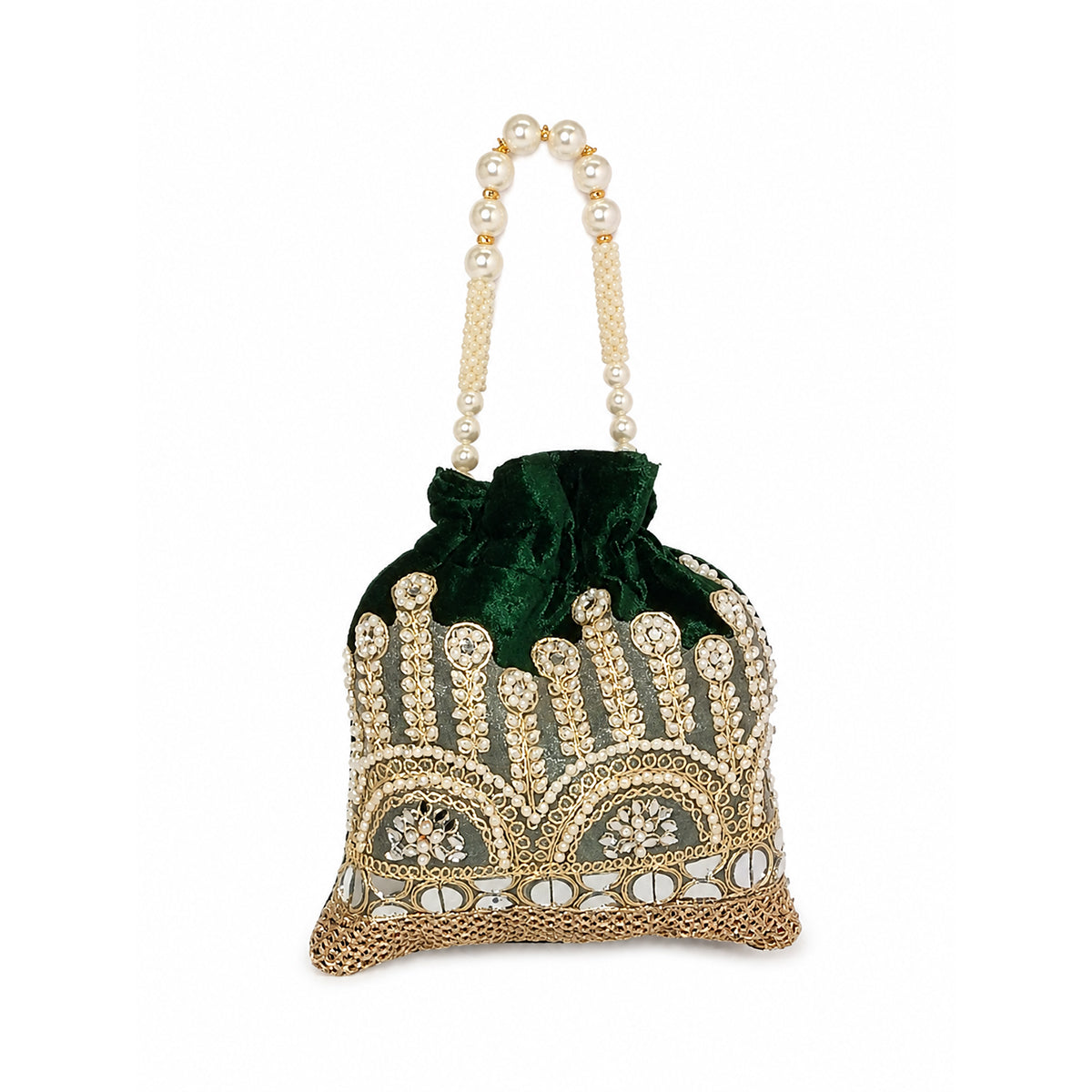 Embroidered Potli Bag with Pearl Beaded Handle & Mirror Work Bag