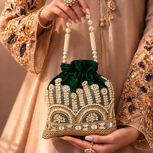 Embroidered Potli Bag with Pearl Beaded Handle & Mirror Work Bag