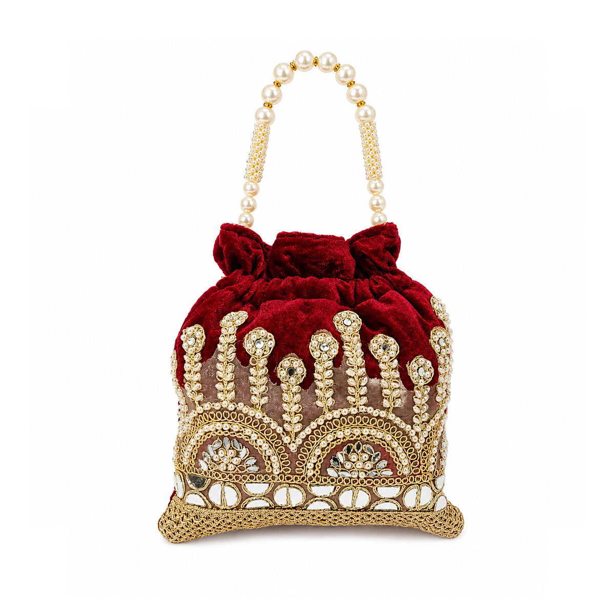 Embroidered Potli Bag with Pearl Beaded Handle & Mirror Work Bag