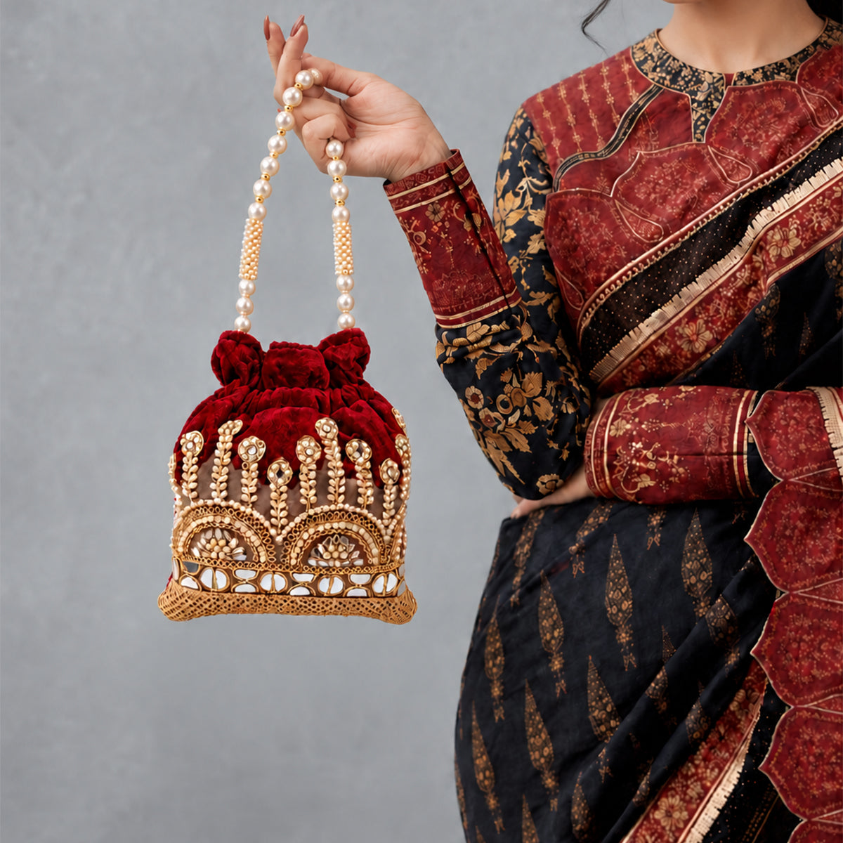 Embroidered Potli Bag with Pearl Beaded Handle & Mirror Work Bag - marron