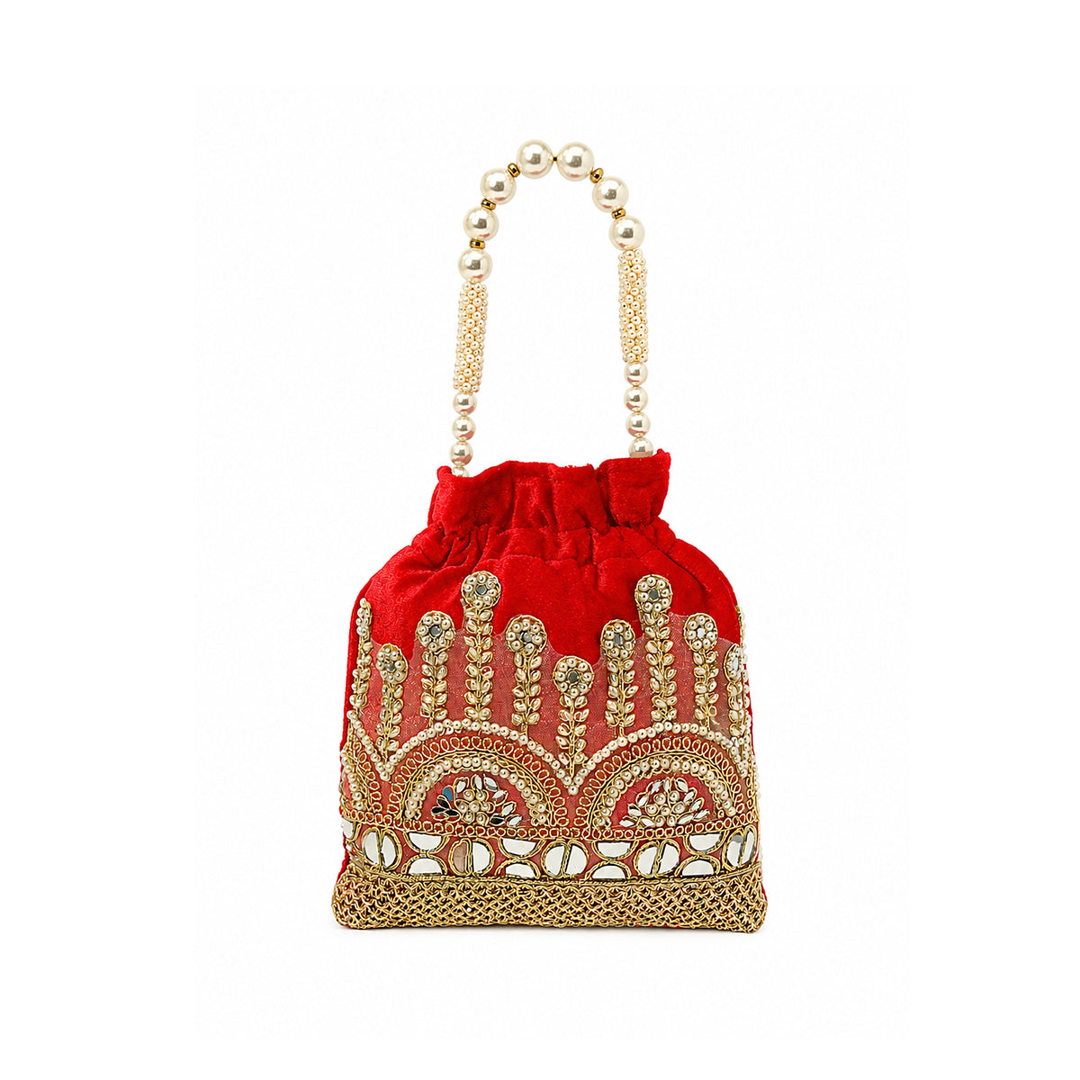 Embroidered Potli Bag with Pearl Beaded Handle & Mirror Work Bag