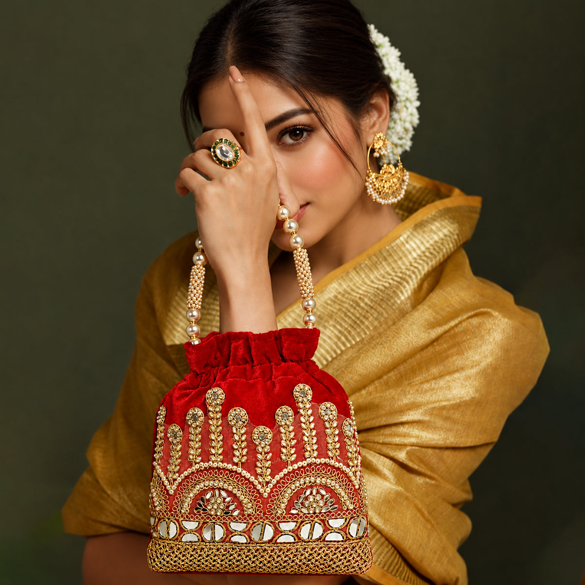 Embroidered Potli Bag with Pearl Beaded Handle & Mirror Work Bag - ReD