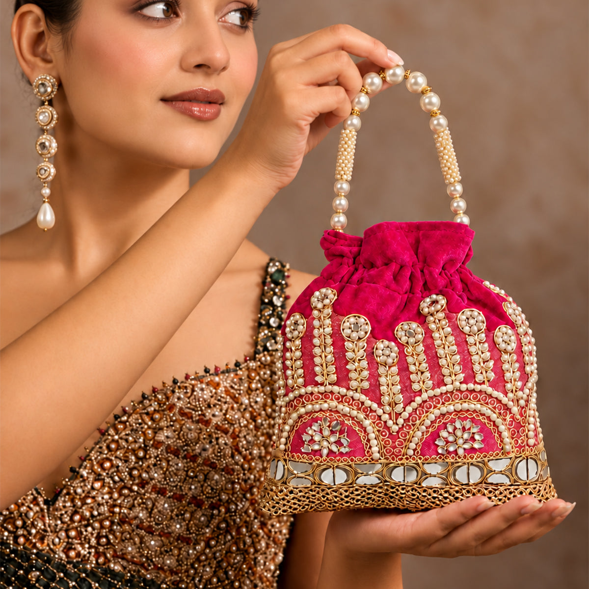 Embroidered Potli Bag with Pearl Beaded Handle & Mirror Work Bag - pink