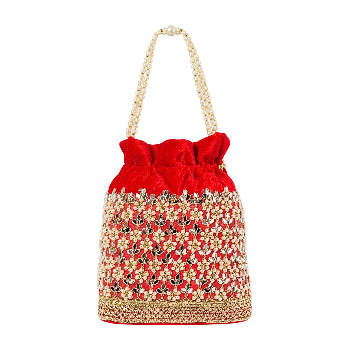 Embroidered Potli Bag with Pearl Beaded Handle & Mirror Work Bag