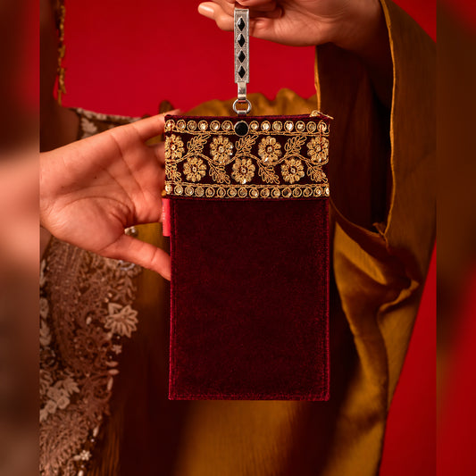 Women's Embroidered Ethnic Mobile Pouchwith Gold Chain Strap | Festive & Traditional