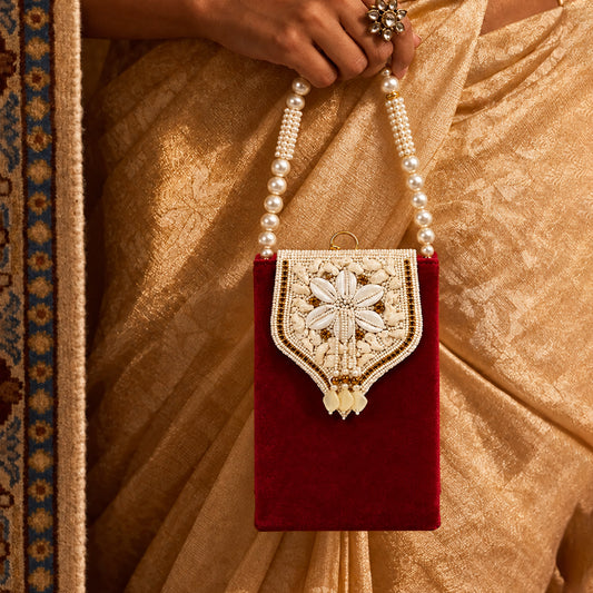 Women's Embroidered Ethnic Mobile Pouchwith Gold Chain Strap | Festive & Traditional