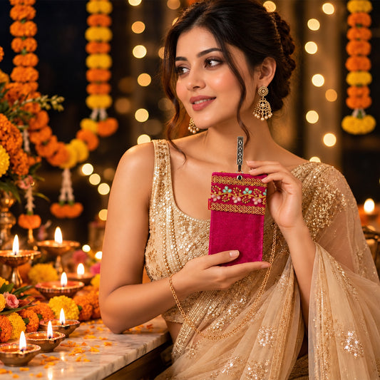 Women's Embroidered Ethnic Mobile Pouchwith Gold Chain Strap | Festive & Traditional