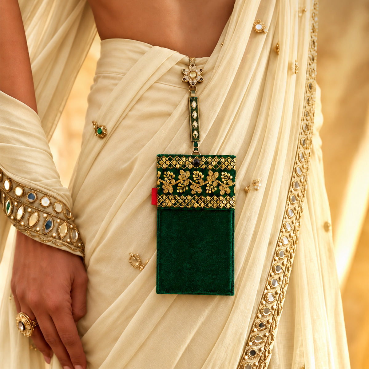 Women's Embroidered Ethnic Mobile Pouchwith Gold Chain Strap | Festive & Traditional - dark green