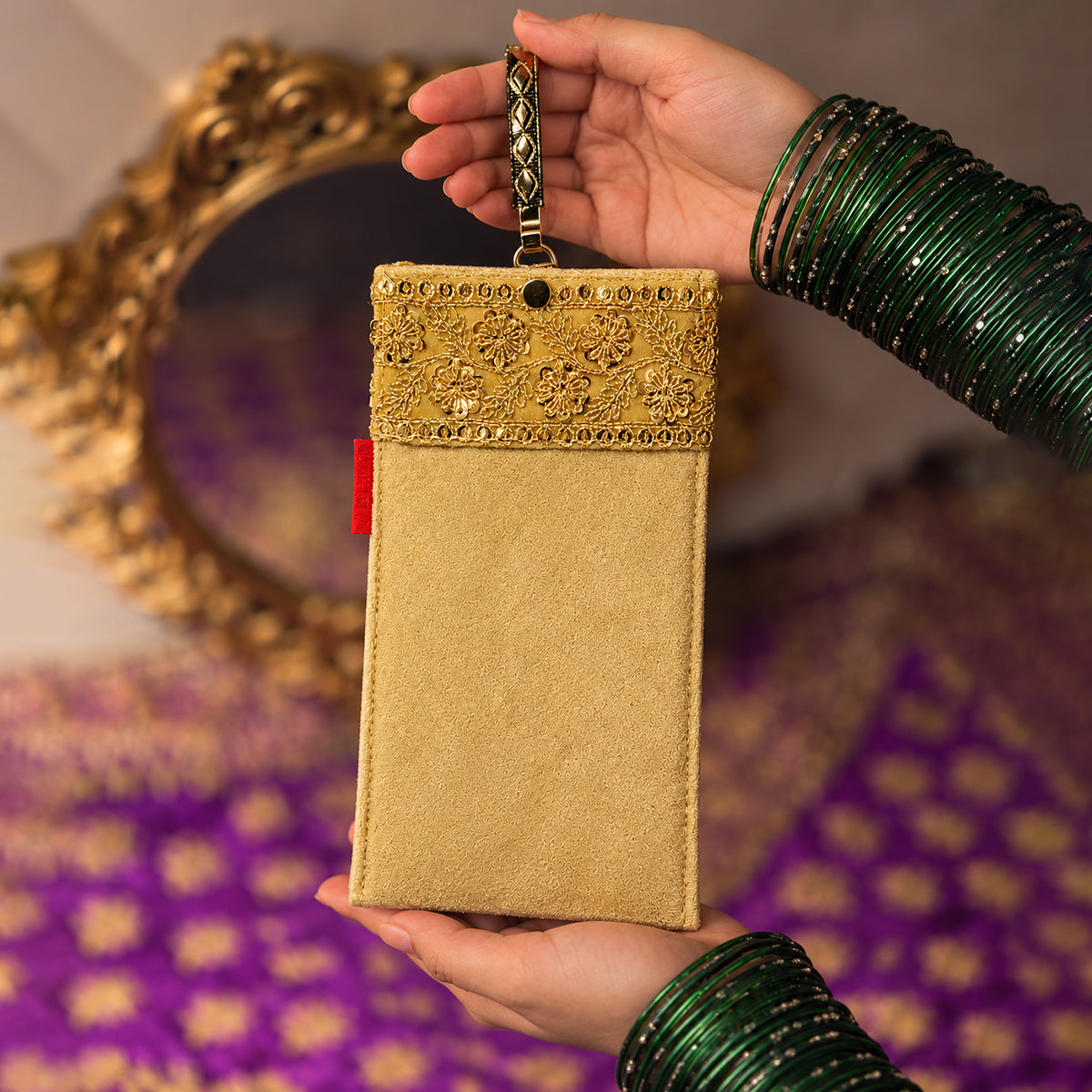 Women's Embroidered Ethnic Mobile Pouchwith Gold Chain Strap | Festive & Traditional