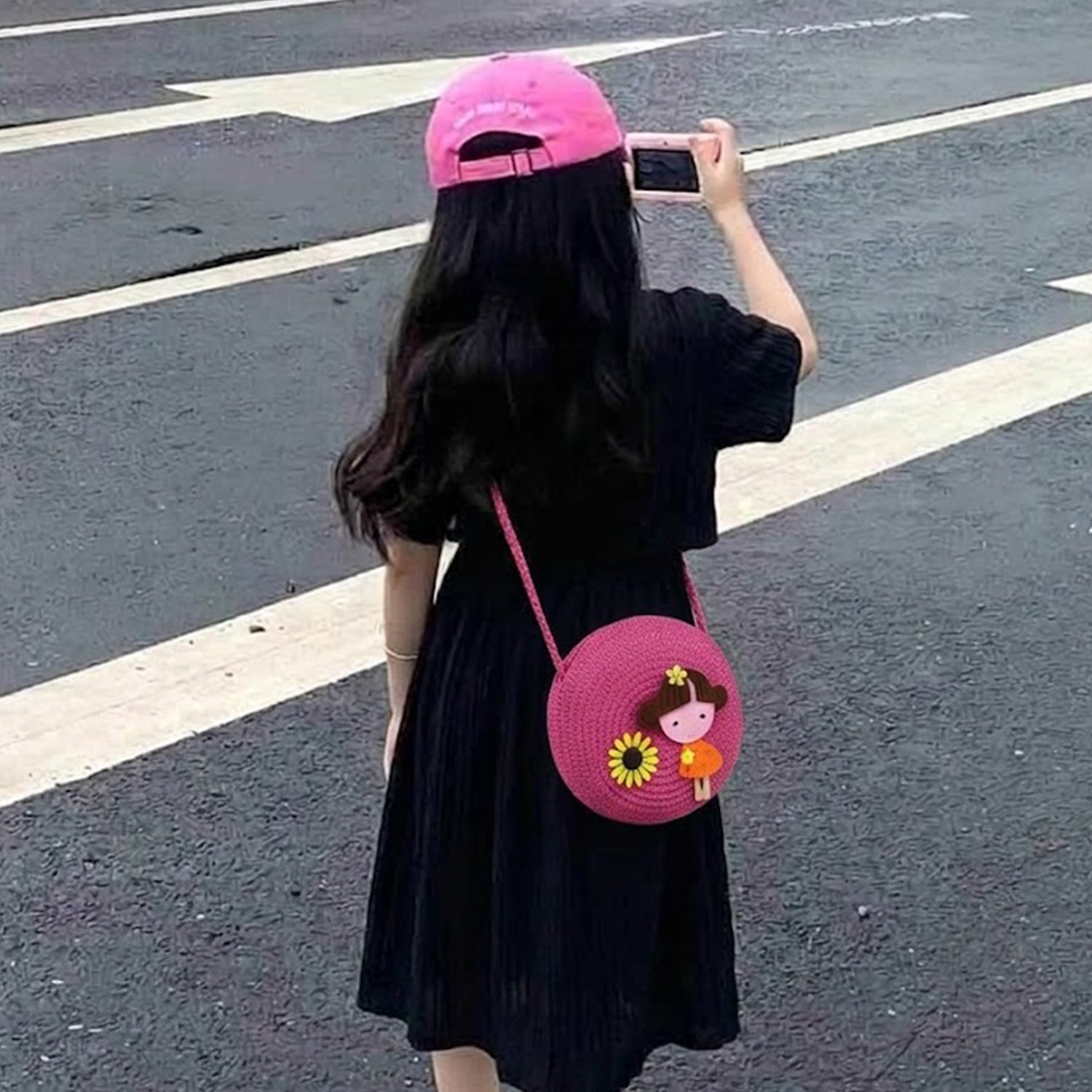 Girls Cute Cartoon Round Crossbody Sling Bag - Dark Pink
